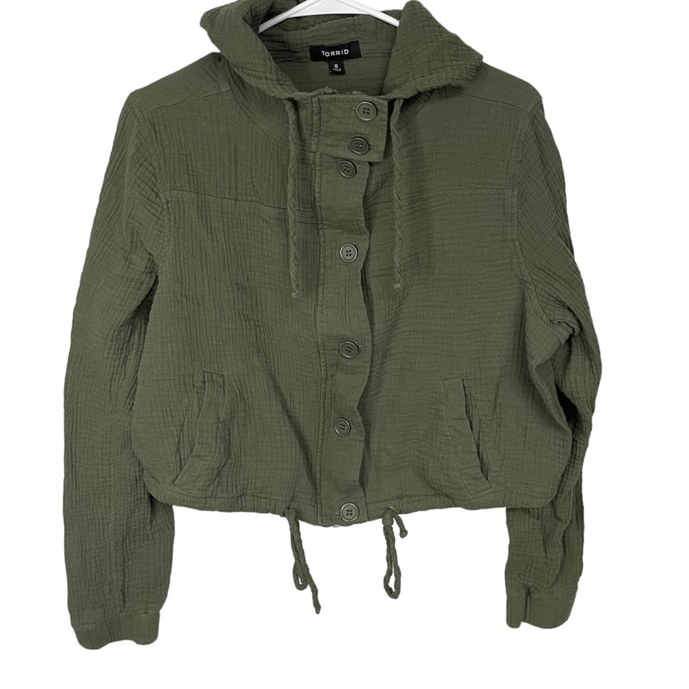 torrid Olive Green Textured Button-Up Hooded Utility Jacket - Picture 8 of 8
